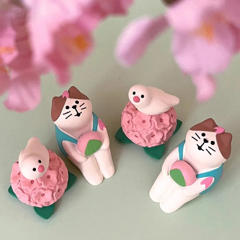 ornements résine figurines décoratives mignon cartoon fleurs animaux oiseaux chats boîte thé blanc vert