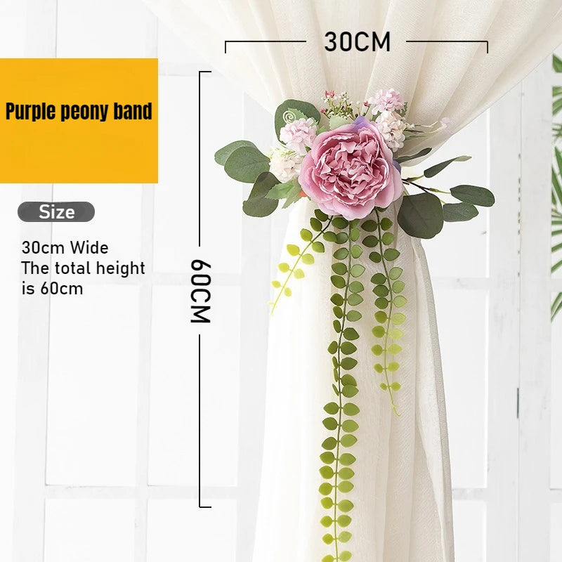 rideaux polonais sangles fleurs réalistes deco champêtre eucalyptus tournesols roses pivoines semi transparents 30x60cm