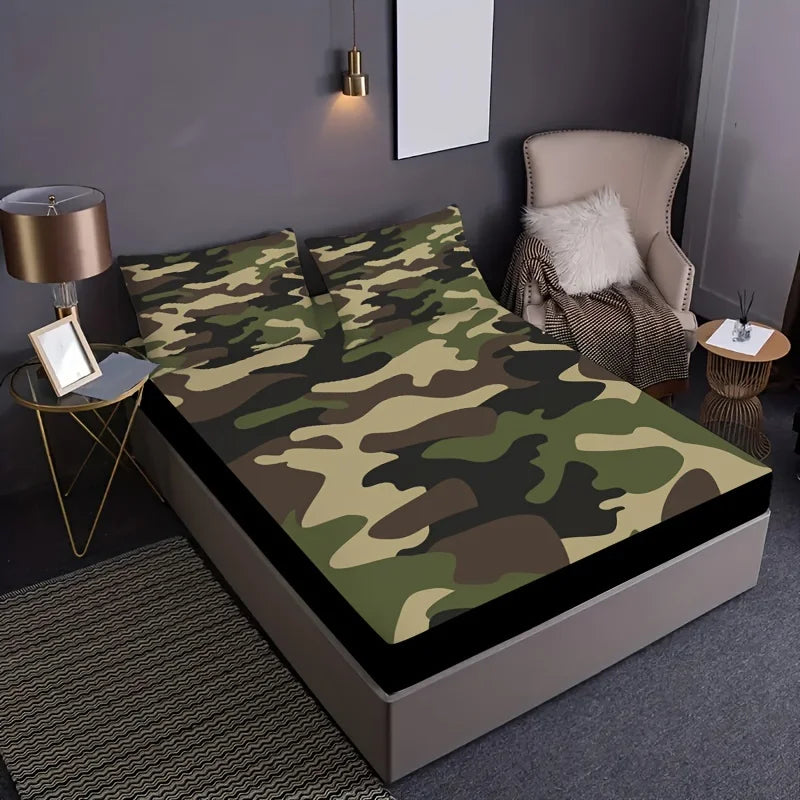 draps housses camouflage vert marron moderne lit imprimé polyester 100% sérigraphie qualité chambre coucher