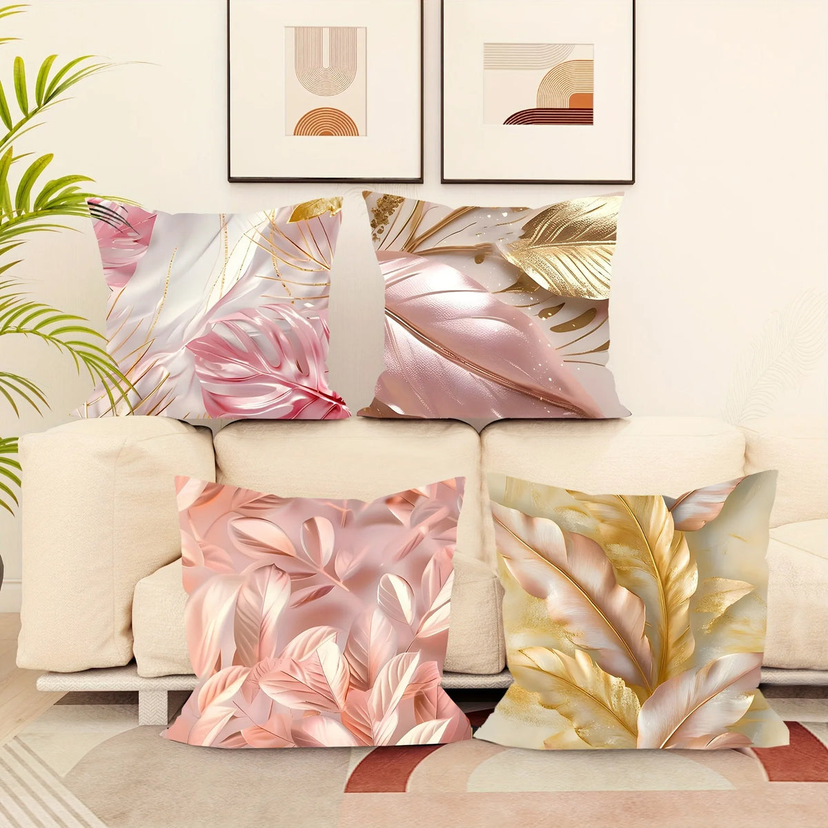 housse coussin tissu plumes stylisées rose pâle beige doré contemporain 45x45cm fermeture glissière decoration