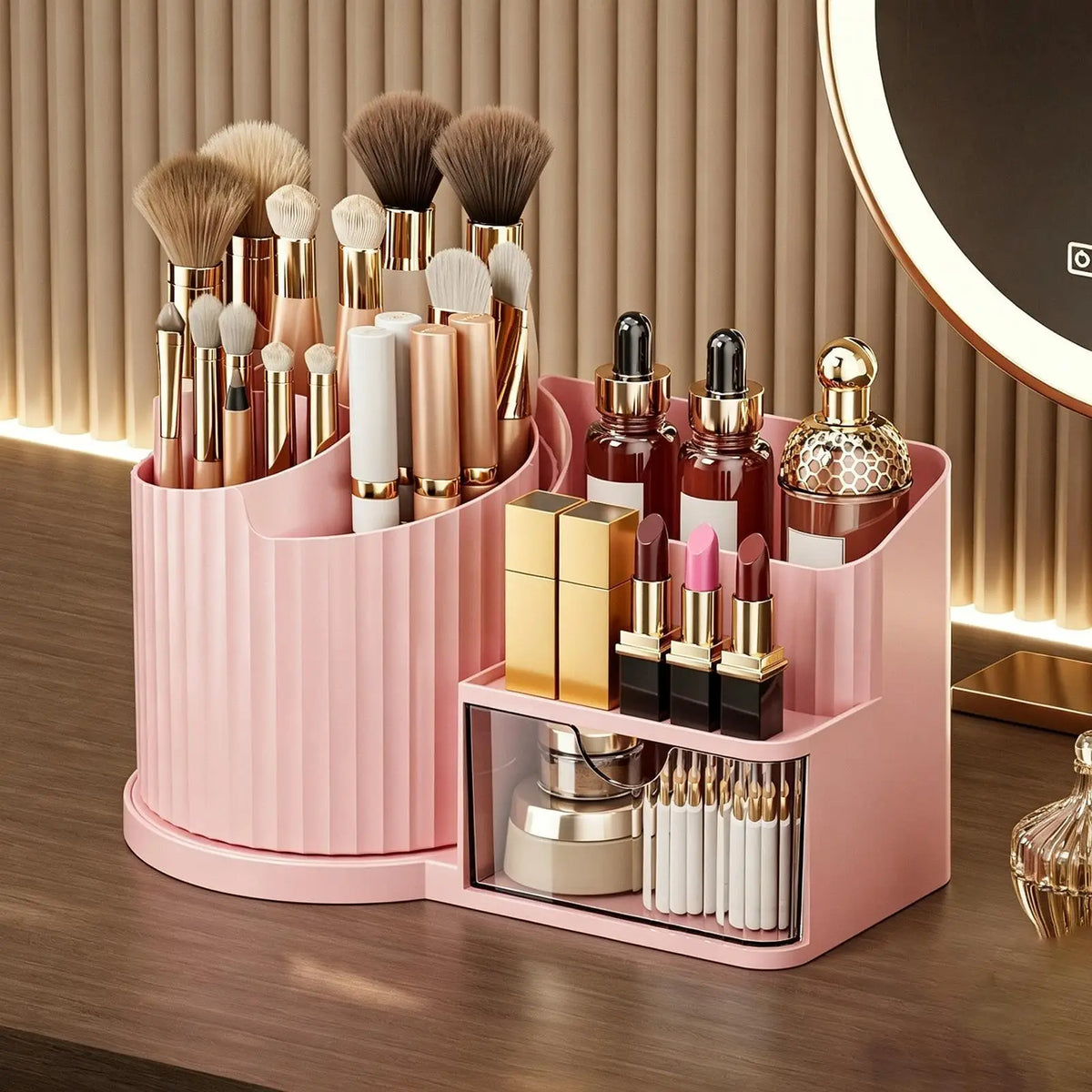 organisateur maquillage rose clair moderne brosse maquillage flacons crayons lèvres boîtes minimaliste skincare