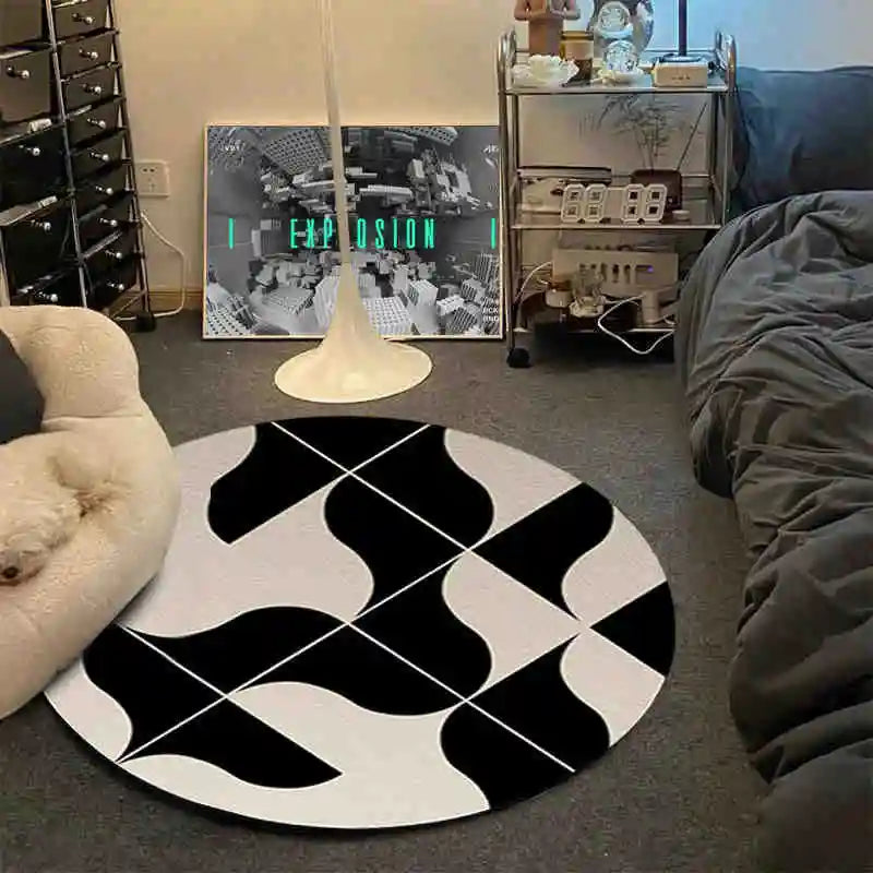 tapis rond noir blanc motif géométrique moderne minimaliste antidérapant intérieur extérieur