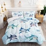 ensemble literie thème marin requins étoiles mer bubbles algues moderne bleu clair gris blanc