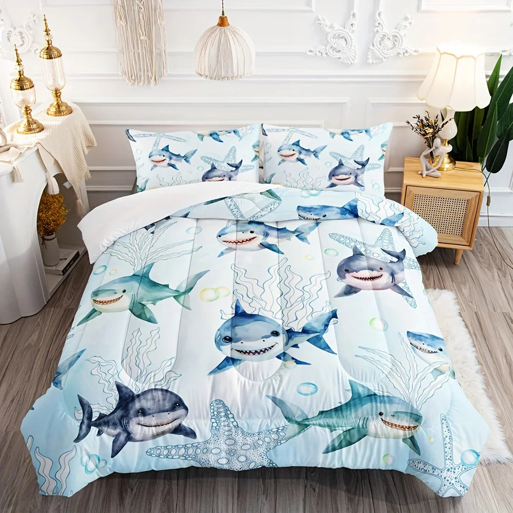 ensemble literie thème marin requins étoiles mer bubbles algues moderne bleu clair gris blanc