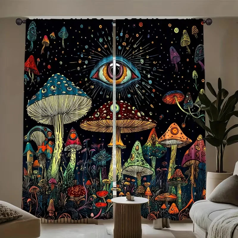 rideau imprimé champignons oeil fantaisie moderne noir bleu vert orange rouge jaune blanc opacité