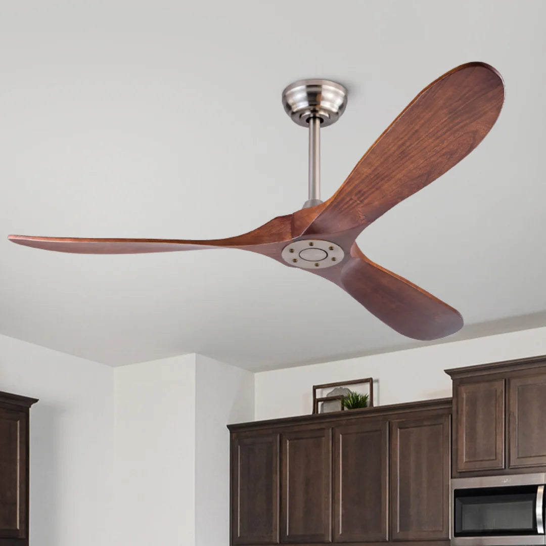 ventilateur moderne bois finition marron lames bois massif télécommande inclusion poteaux métalliques 52pouces