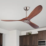 ventilateur moderne bois finition marron lames bois massif télécommande inclusion poteaux métalliques 52pouces