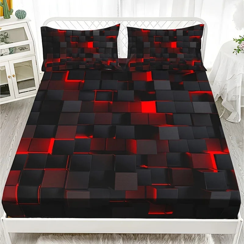 draps housse taies oreiller motifs cubes 3d moderne rouge noir futuriste qualité impression hd