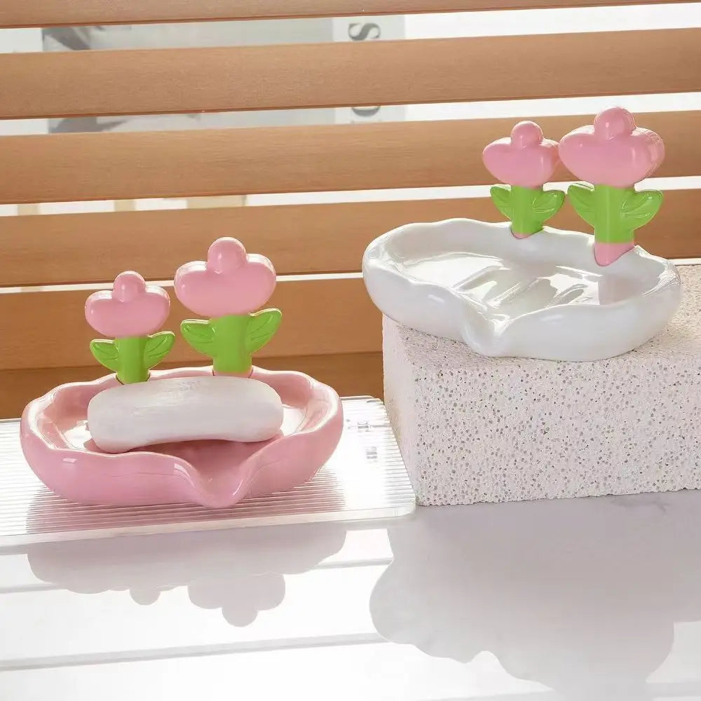 support savon moderne fleurs stylisées blanc rose vert jaune orange violet adhésif salle bains