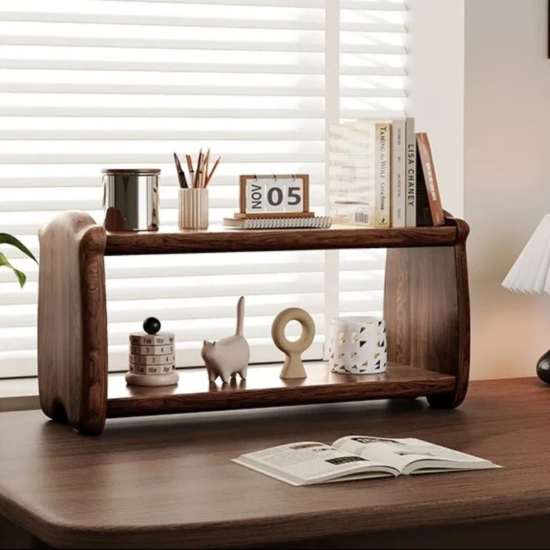 étagère moderne deux niveaux bois foncé texture naturelle horloge diffuseur nintendo switch tasses livres