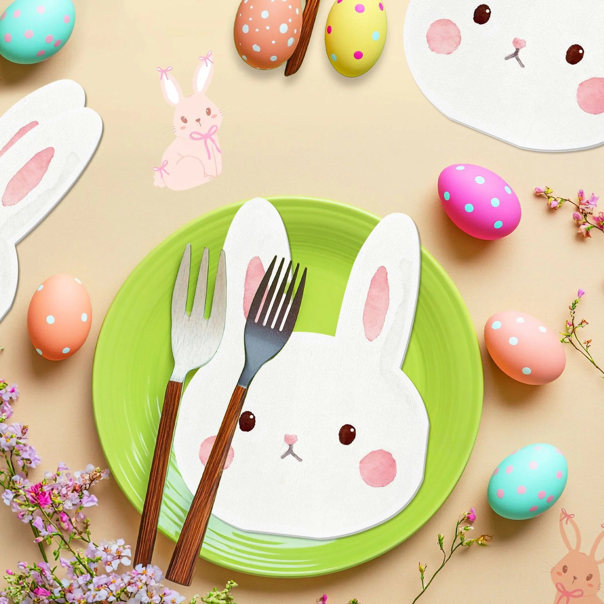 serviettes papier jetables forme lapin pâques printemps enfantins motifs visages lapins aquarelle festiveDecoration