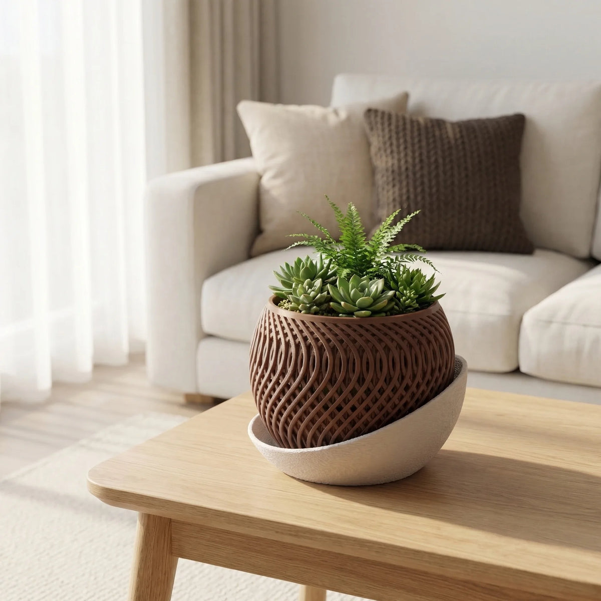 pots fleurs marron moderne minimaliste soucoupe ajouré succulentes orchidées decoration balcon maison texture ondulée