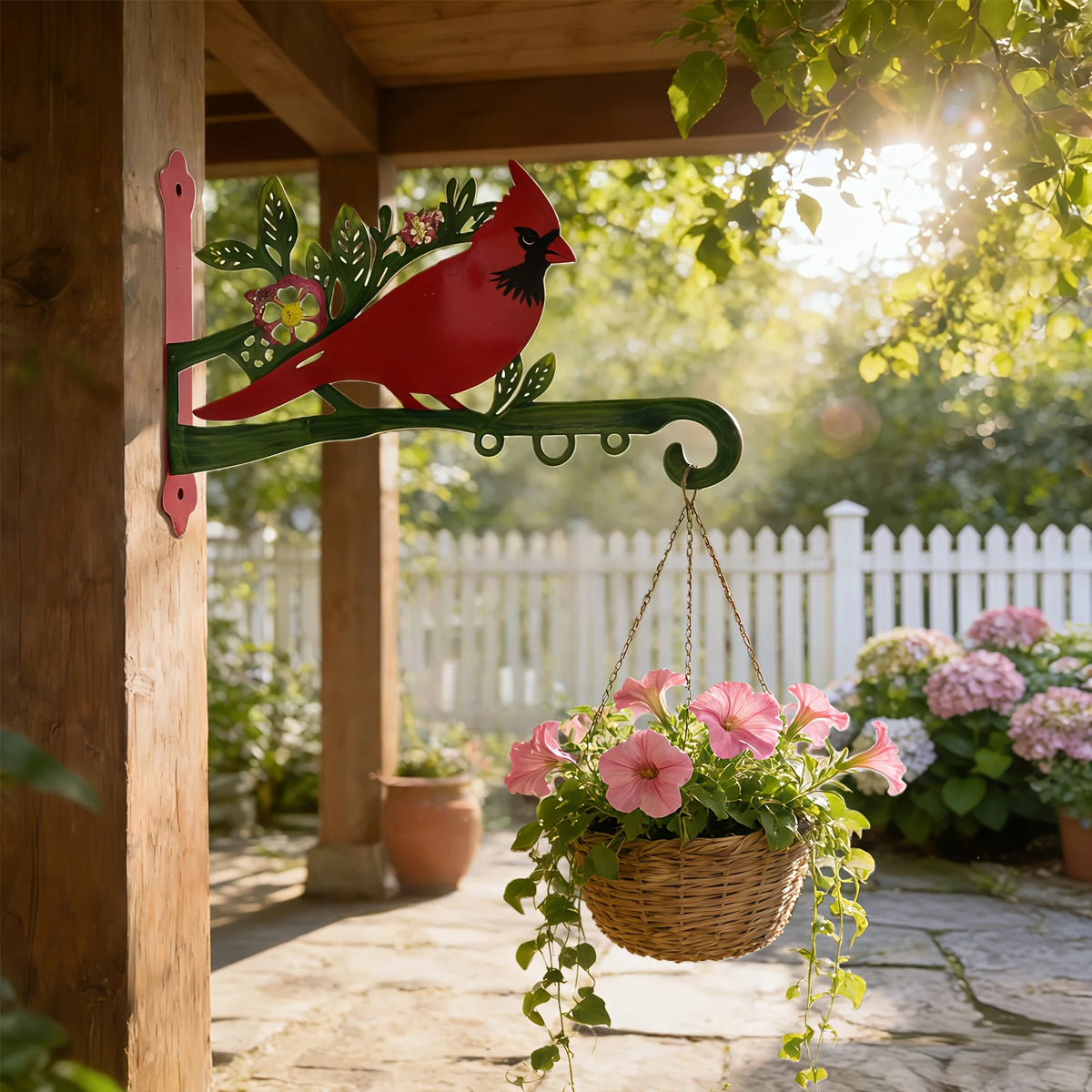 support mural rustique oiseaux cardinaux panier fleurs abri nourriture vis decorationextérieur