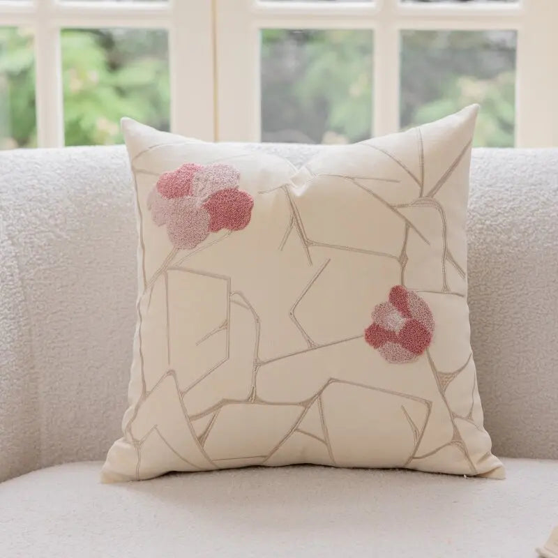 coussin deco boho chic rose blanc motif geometrique franges opaques canape lit decoration intérieure