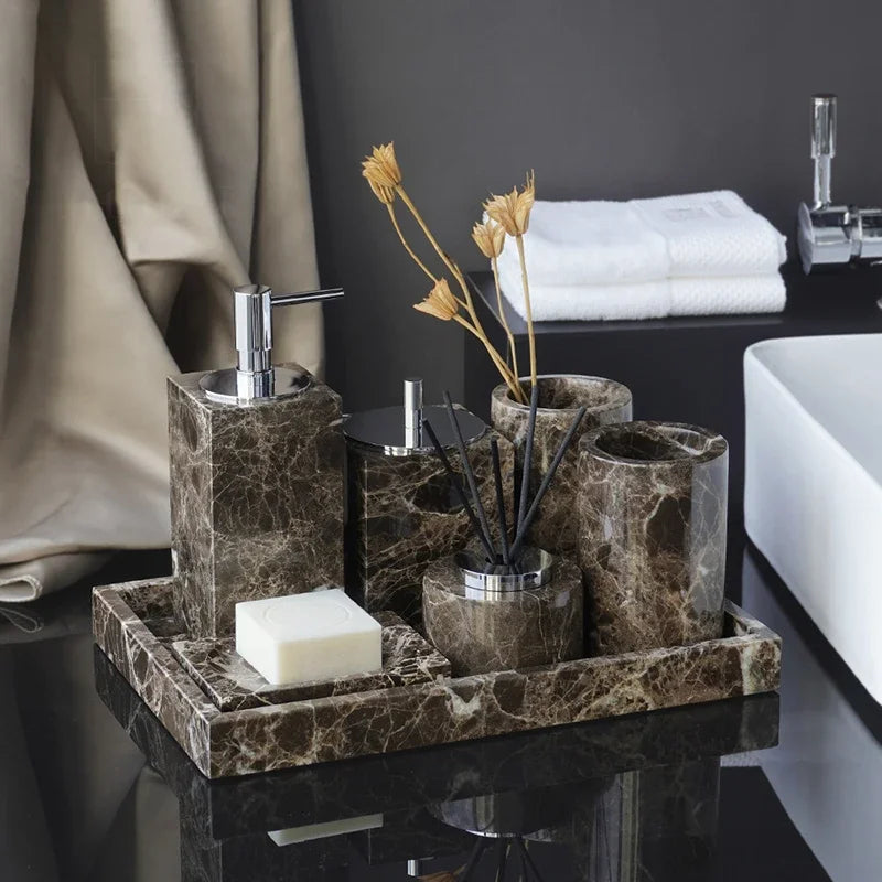 ensemble salle bain marbre distributeur savon porte savon diffuseur huiles essentielles noir doré