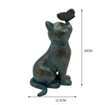 statue decorative chat papillon vert bronze marron resine patio jardin animalier texturé patine