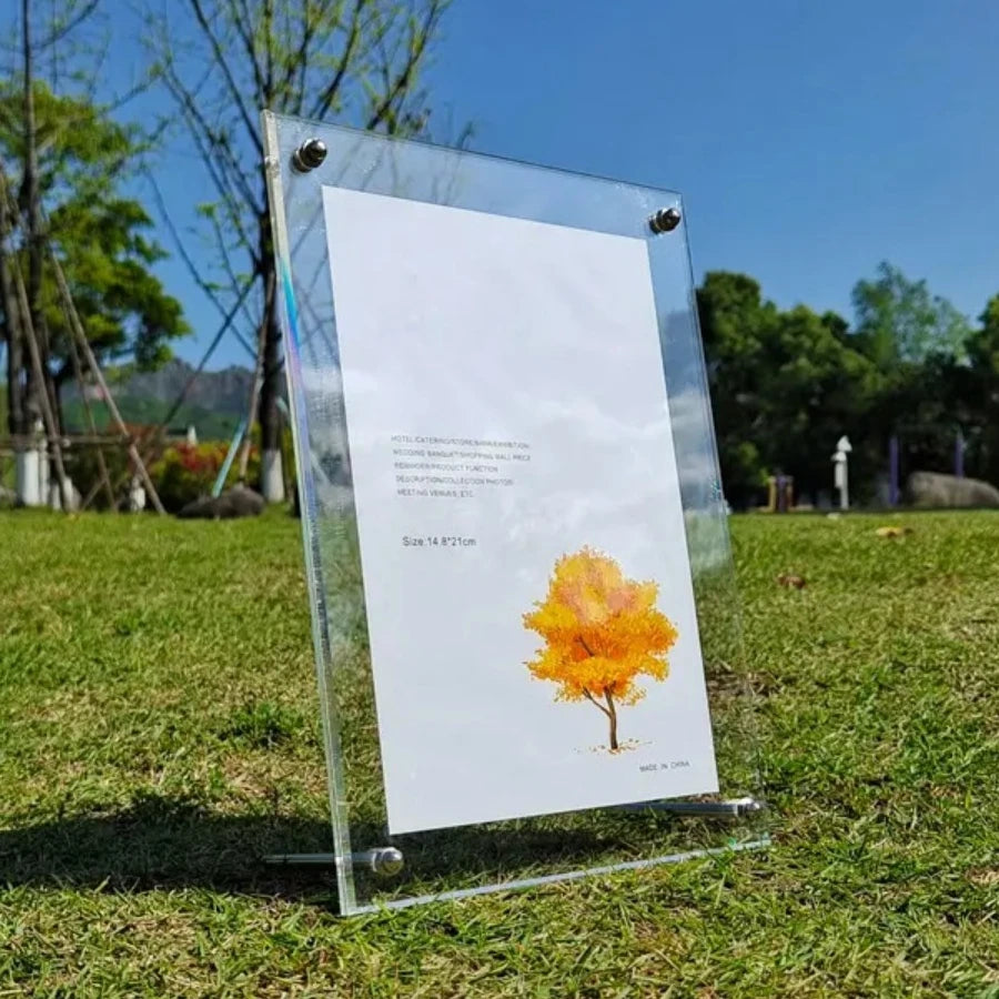 cadre photo moderne transparent arbre jaune clips métalliques support acrylique 14x21cm 16x12cm 18x13cm 21x16cm
