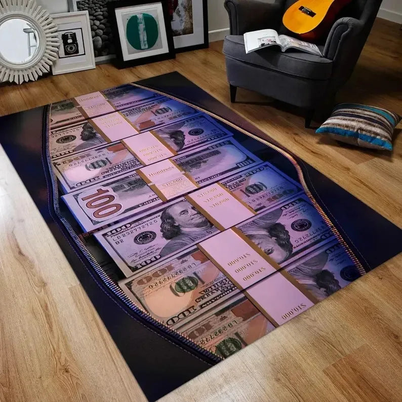 tapis sol moderne motif billets cent dollars américains noir blanc doré