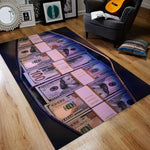 tapis sol moderne motif billets cent dollars américains noir blanc doré