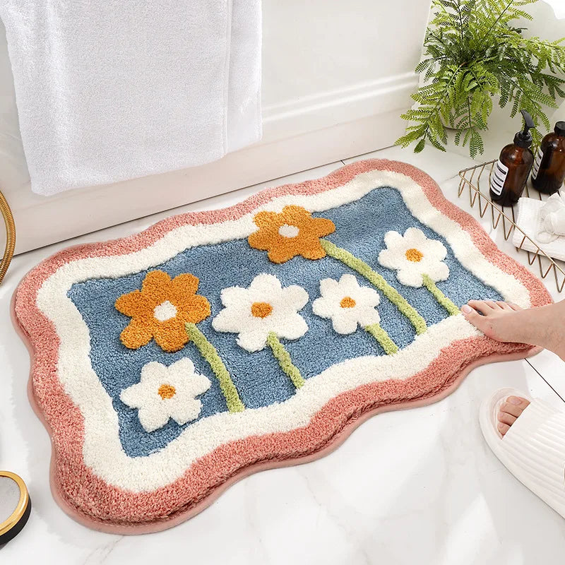 tapis bain moderne fleurs géométriques anti dérapant respectueux environnement bleu blanc orange vert rose