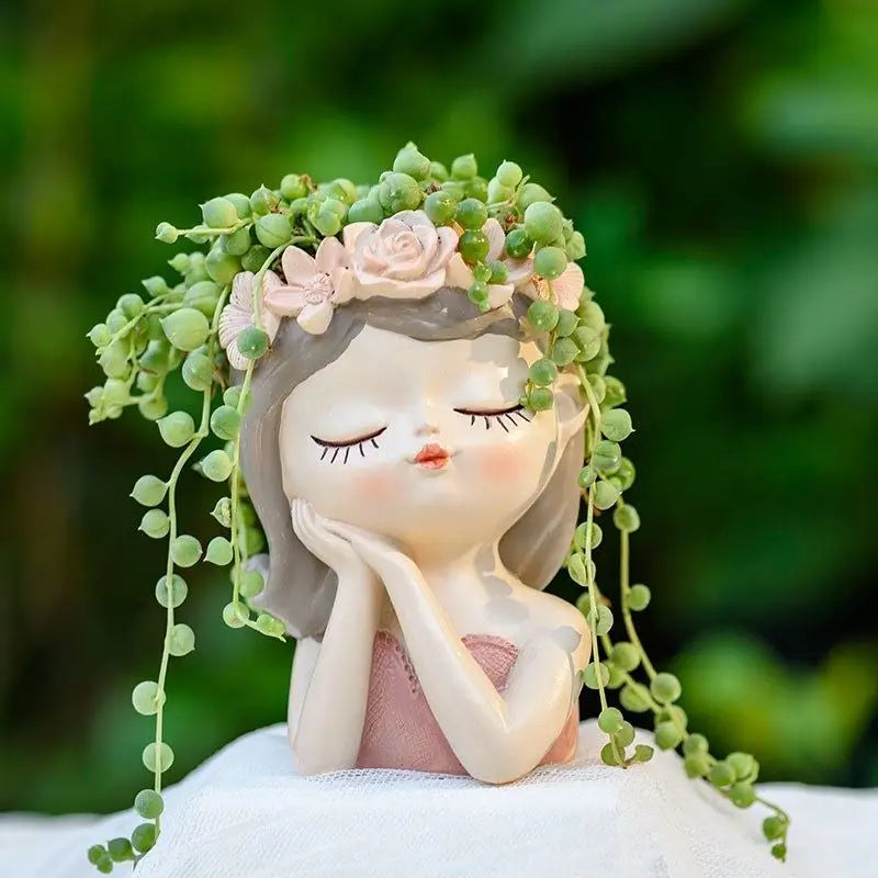 figurines décoratives cartoon fleurs reliefs cheveux stylisés plante succulente verte rose beige