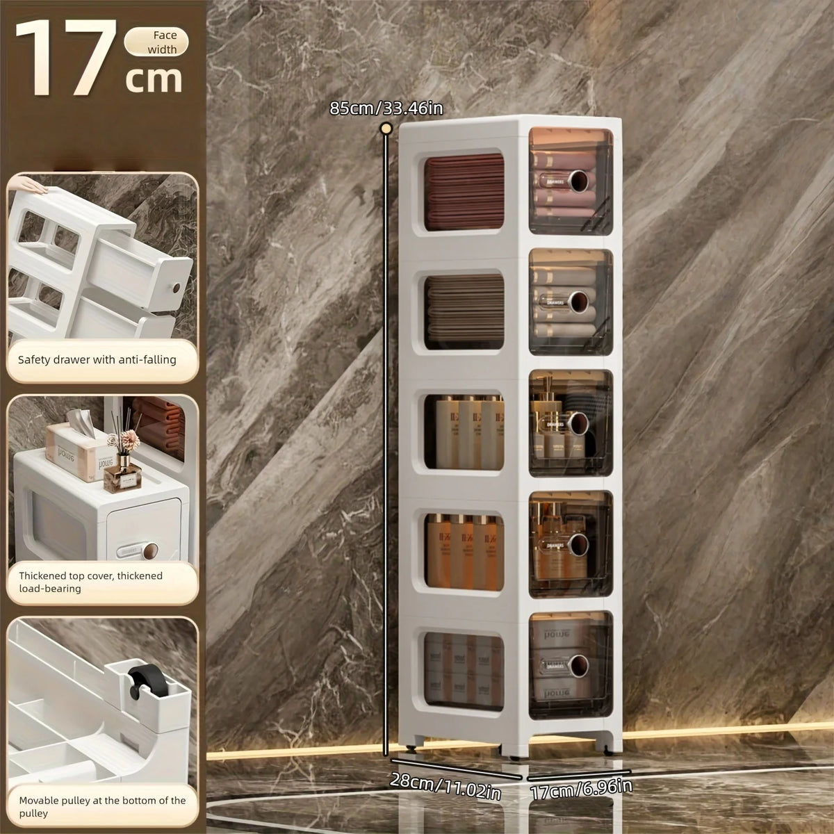 meuble rangement blanc moderne tiroirs transparents rayures diagonales noires pliable porte bouteilles cosmétiques
