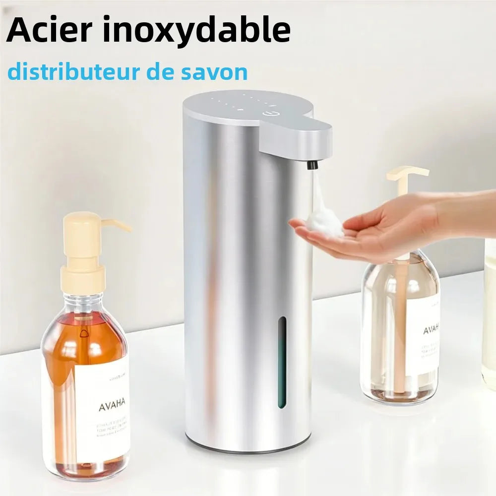 distributeur savon sans contact argenté mousse liquide detection infrarouge affichage batterie minimaliste moderne