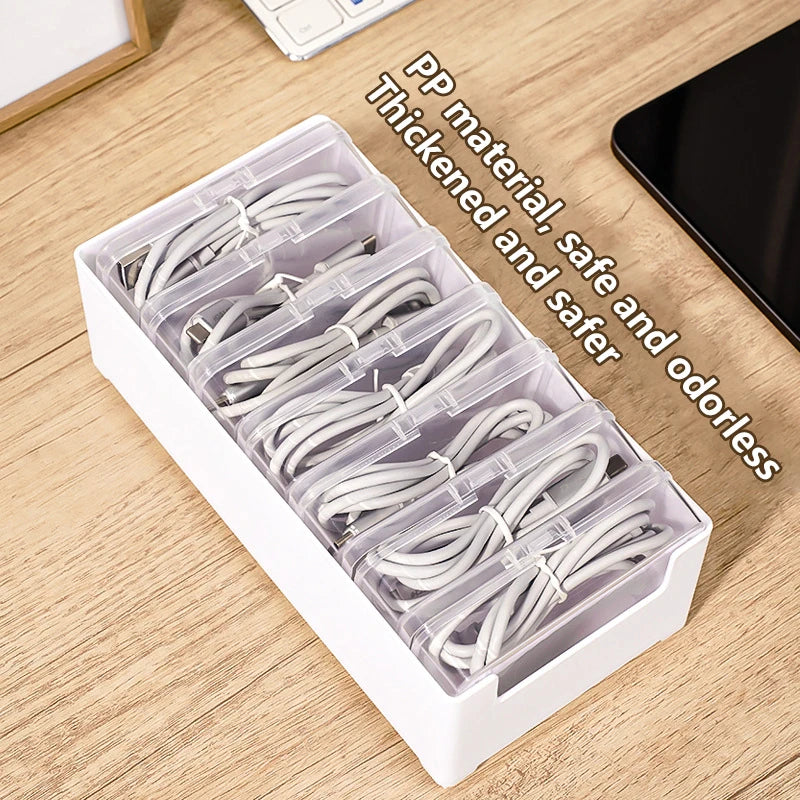 boîtes rangement transparentes blanc câbles chargeur écouteurs accessoires électroniques organisateur moderne minimaliste
