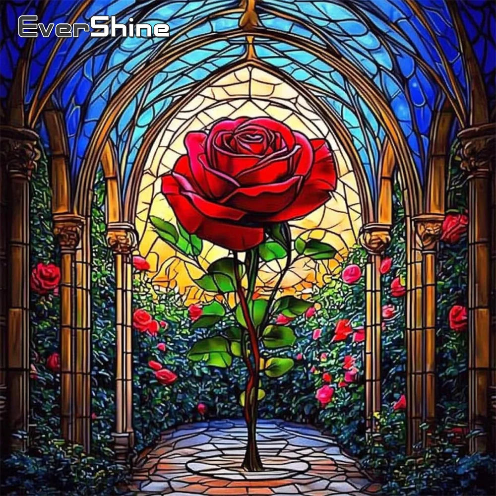 tableau broderie motif floral rose arches vitrail fond jardin rubans fils couleur variées débutants