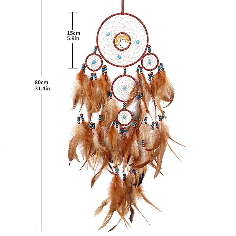 attrape rêves boho plumes marron turquoise motifs floraux décoration murale maison festive