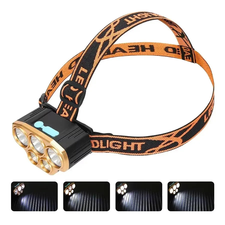lampe frontale led rechargeable usb pêche chasse camping étanche modes luminosité bandes ajustables interrupteur