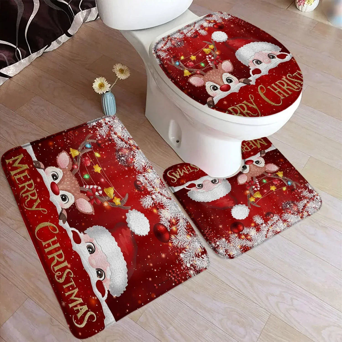 tapis bain noël père noël rennes flocons boules sapins rouge blanc festive