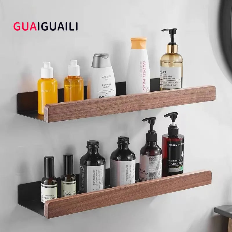 étagères murales modernes minimalistes noires bois flacons brosse dents adhésives salle bain