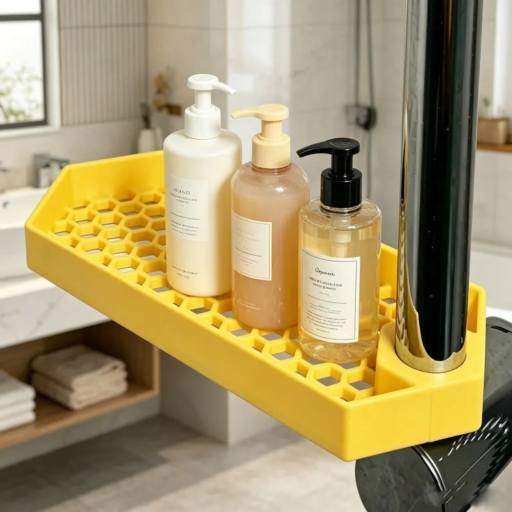 support rangement mural rose clair jaune noir grille hexagonale clips fixation rangement douche réutilisable