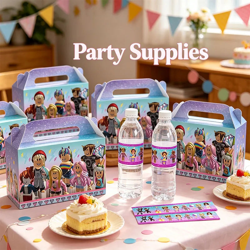 boîtes sucreries personnages dessins animés étiquettes eau affiche fête serviettes table multicolore anniversaire