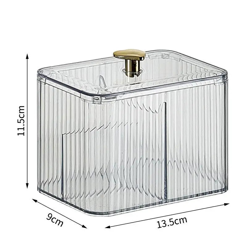 boîte rangement coton tige transparente dorée moderne élégante rayures vertes brillantes poignée dorée cosmétiques