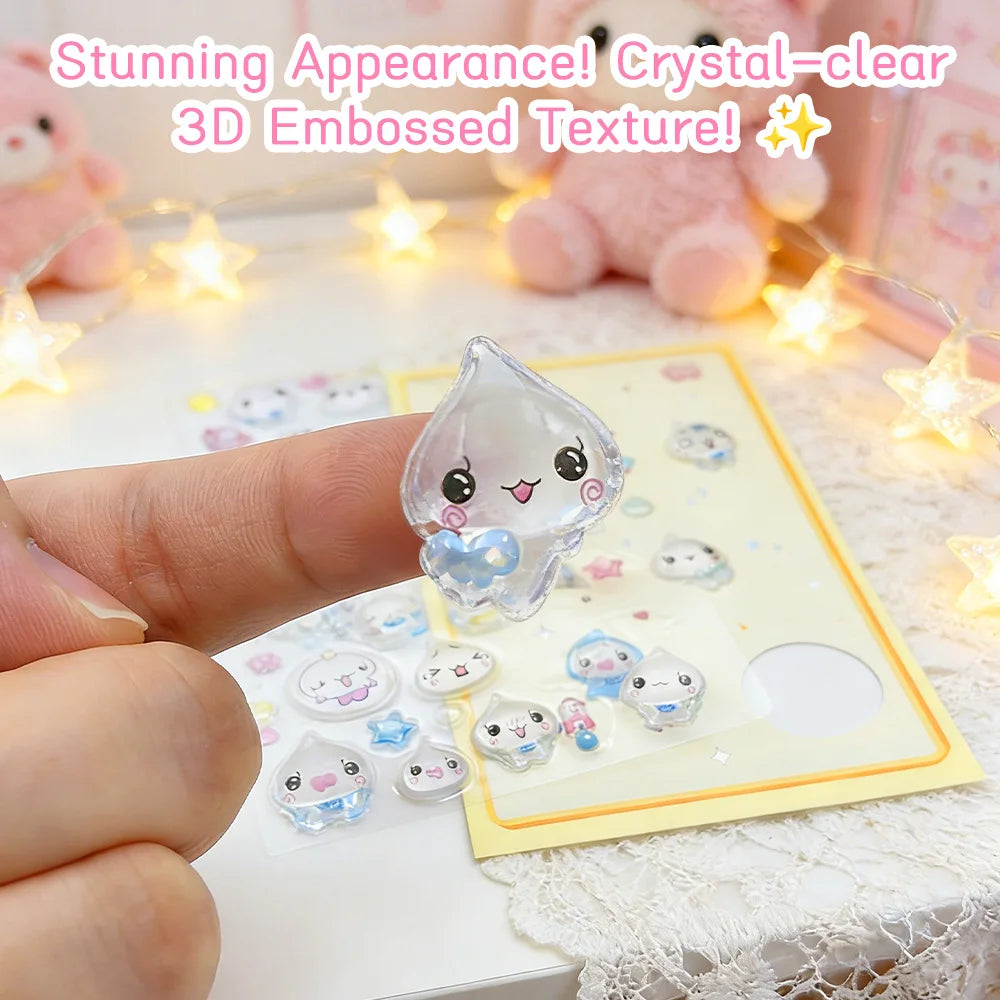 sticker 3d mignon goutte d'eau animaux étoiles arc ciel kawaii adhésif rose blanc bleuclair.texture