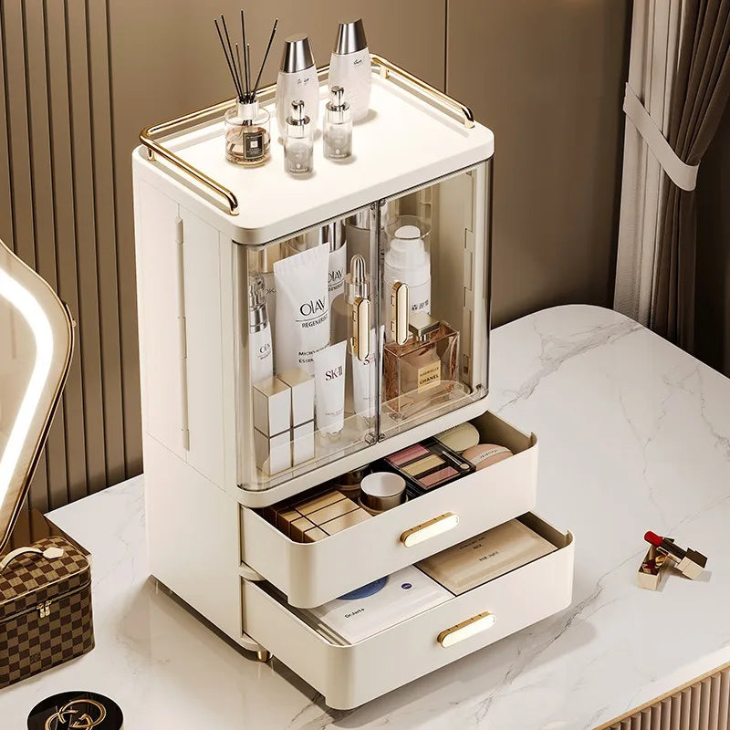 boîte rangement cosmétique beige moderne pieds dorés étuis produits flacons parfum bouteilles lotion brosse