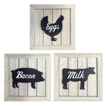 tableaux decoratifs rustiques motifs alimentaires animaux fermiers fond bois texturé blanc cassé noir chêneclair
