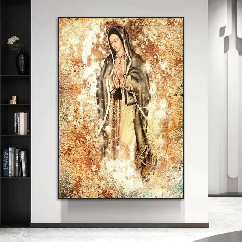 tableau religieux moderne toile ornements floraux motifs catholiques détails bleu doré noirDecorationMurrale