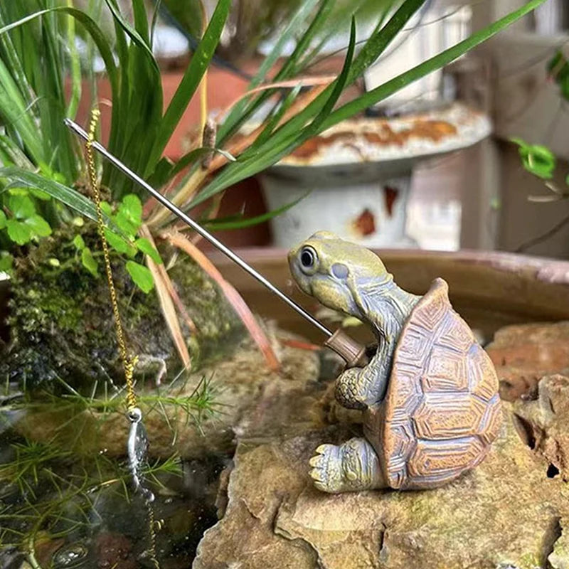 statue tortue pêche carapace hexagonale marron vert ligne jaune leurre poisson extérieur jardin decoration