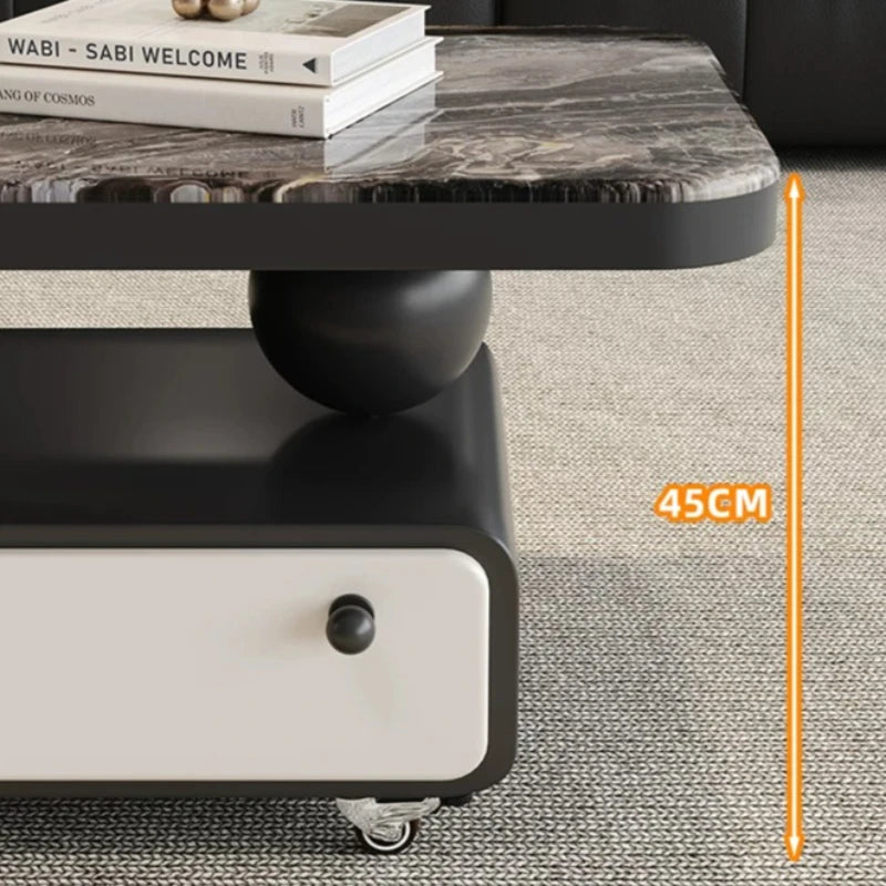 table basse moderne marbre noir tiroir roulette salon minimaliste italien