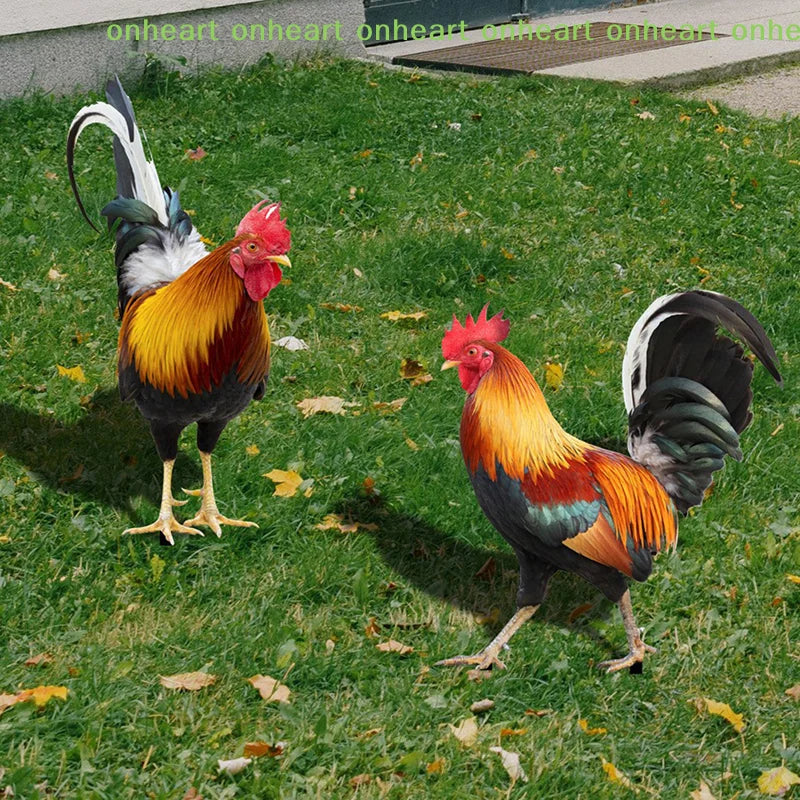 statue coq plumes noires blanches rouges oranges jaunes vert extérieure jardin acrylique réaliste piquet