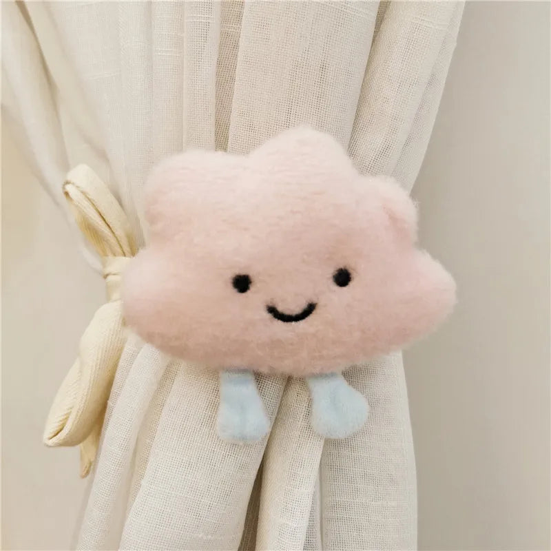 rideaux enfant dessin animé brodé visage souriant opacité peluche mignon agrafe ruban beige salopes