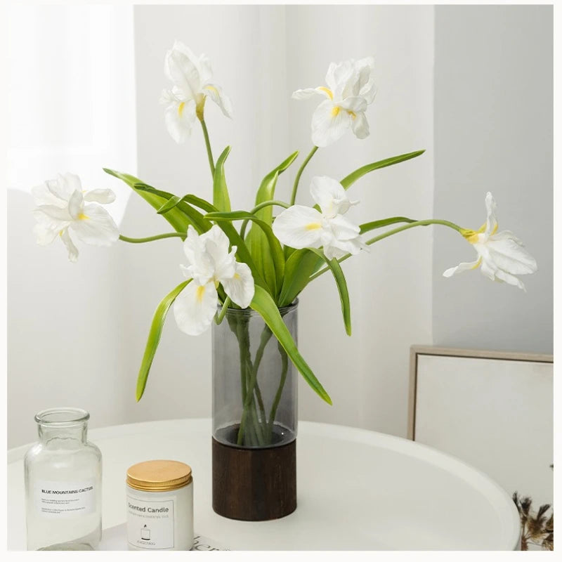 bouquet artificiel iris moderne blanc violet jaune orange décoration intérieure vase inclusion feuilles 58cm