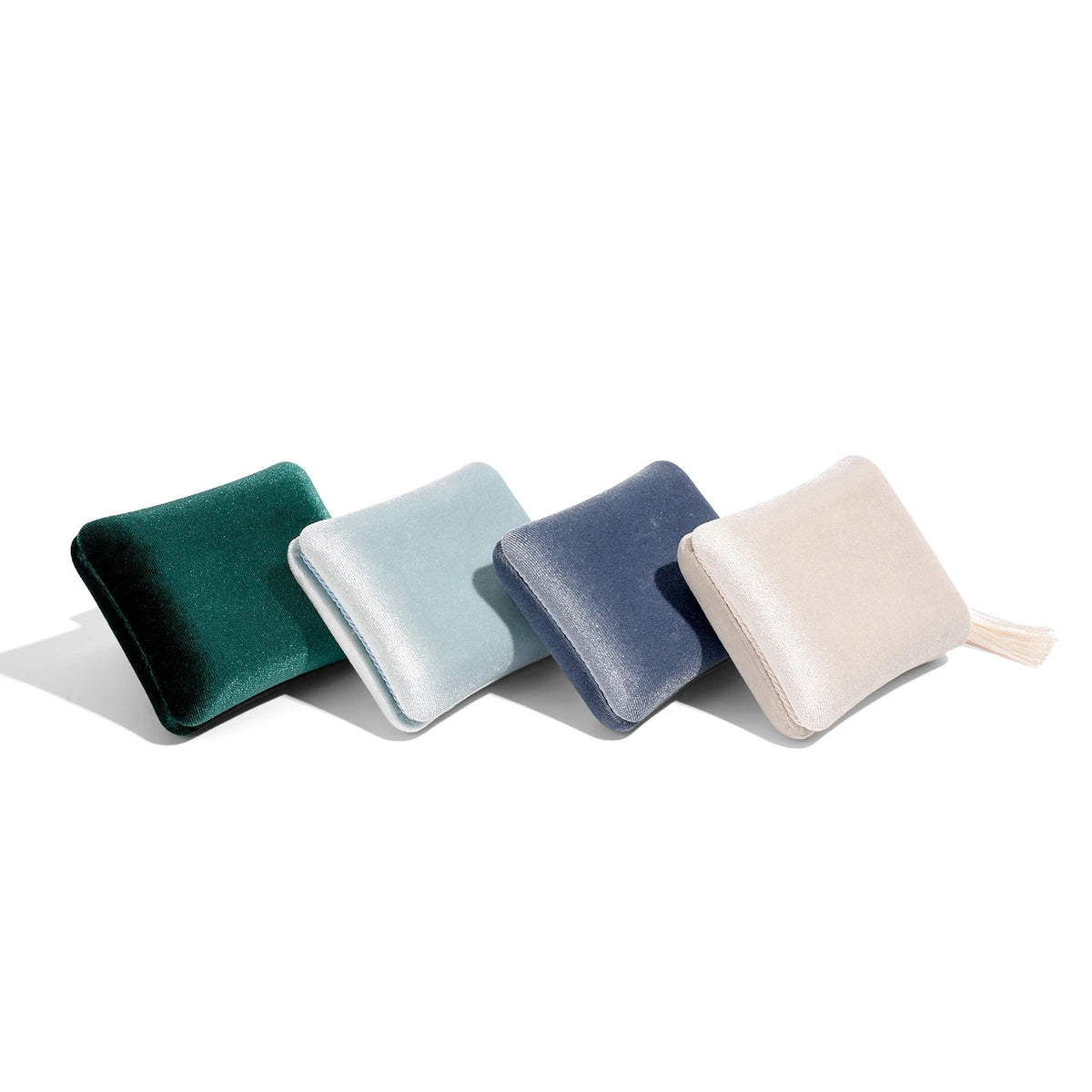 boîtes rangement bijoux pochettes velours classiques réutilisables couleurs vert foncé rose violet pompon