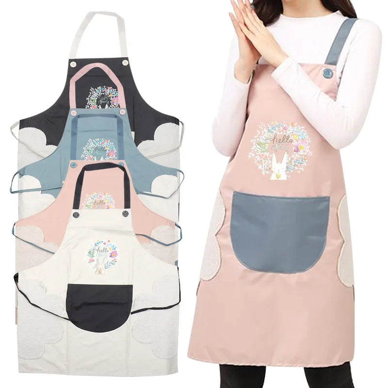 tablier imprimé floral lapin noir rose gris beige moderne décontracté élastique ajustable poche avant