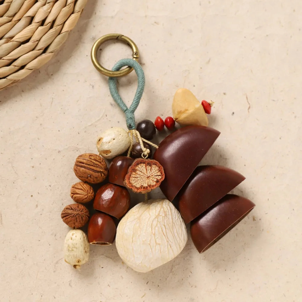 porte clés boho coquilles noix bois marron naturel ornement décoration clés anneaux métal