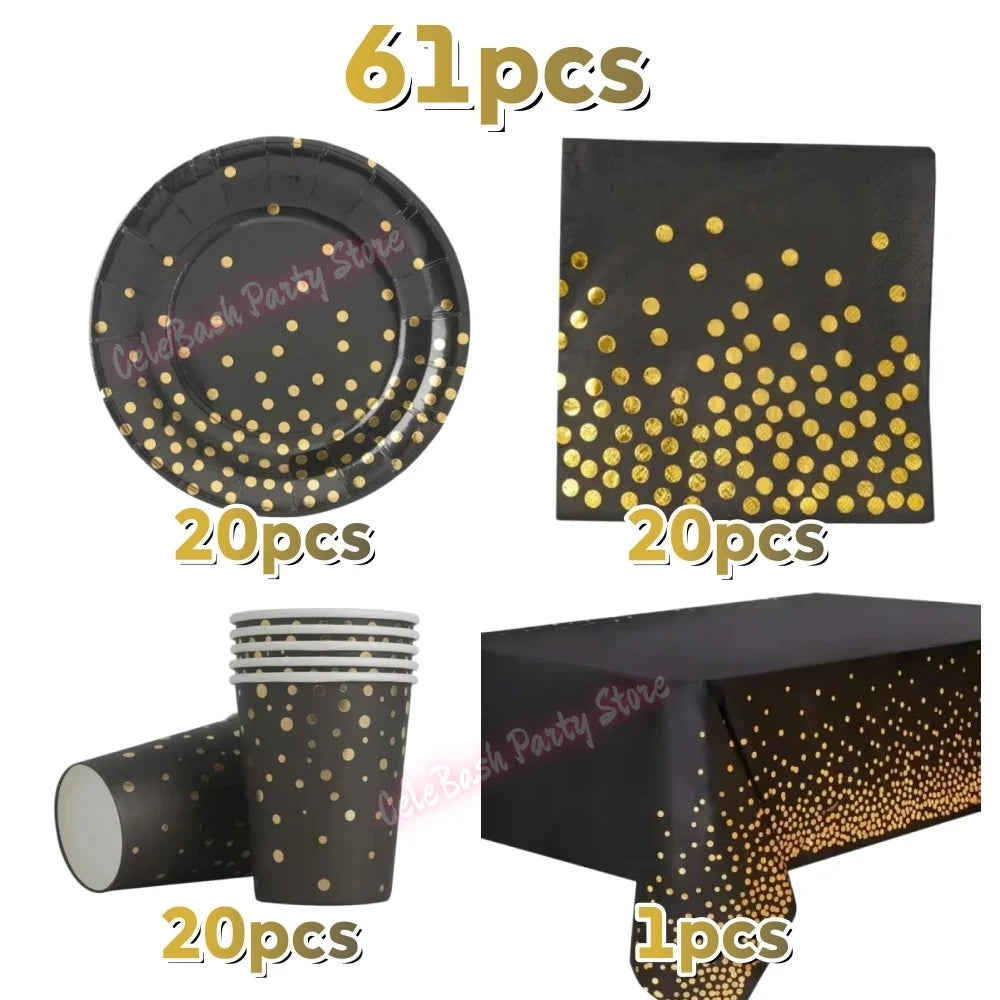assiettes pois dorés noires gobelets serviettes tablecloth fête anniversaire mariage nouveauannée