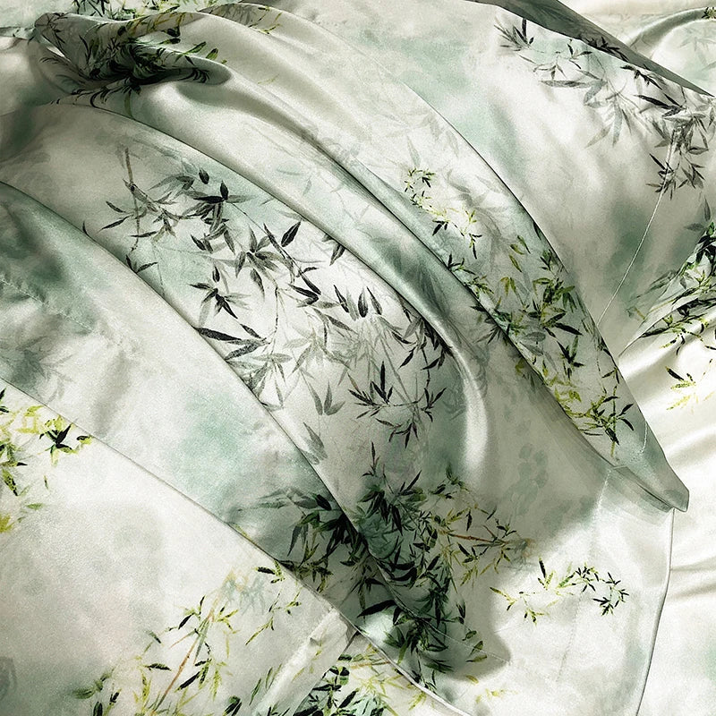 drap lit vert clair blanc motif feuilles bambou coton doux coton naturel